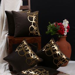 HOSTA HOMES Brown & Gold-Toned 5 Pcs Geometric Velvet Square Cushion Covers-45