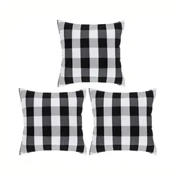 BIRD WING Black & White 3 Pieces Checked Cotton Square Cushion Covers-picture-17