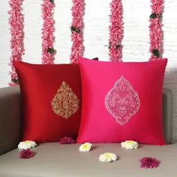 ZEBA Red & Pink 2 Pieces Embroidered Square Cushion Covers-7