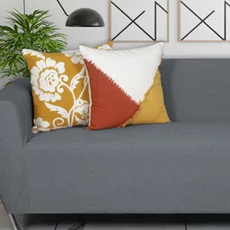 Ode & Cleo Off White & Yellow 2 Pcs Embroidered Pure Cotton Square Cushion Covers-11