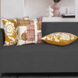 Ode & Cleo White & Mustard 3 Pieces Embroidered Pure Cotton Square Cushion Covers-42