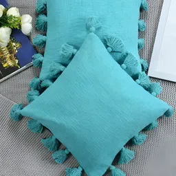 HOMADORN Turquoise Blue 2 Pieces Cotton Square Cushion Covers With Tassels-image-96