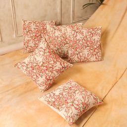 SANSKRUTIHOMES Beige & Pink 5 Pieces Floral Printed Velvet Square Cushion Covers-24