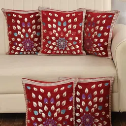 MULTITEX Red & Beige 5 Pieces Floral Square Cushion Covers-10