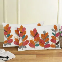 eyda White & Orange 2-Pieces Embroidered Cotton Rectangle Cushion Covers-17