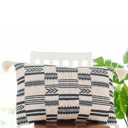 Pluchi Beige & Blue Geometric Pure Cotton Rectangle Cushion Cover-image-4