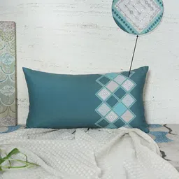 ZEBA Teal & White Ethnic Motifs Rectangle Cushion Cover-image-10