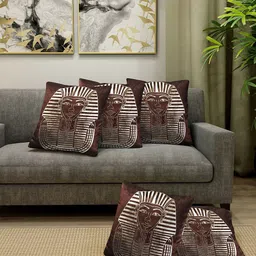 KLOTTHE Brown & Golden Set of 5 Ethnic Motifs Velvet Square Cushion Covers-27