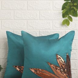 Alina decor Teal & Gold-Toned Set of 2 Embellished Square Cushion Covers-44