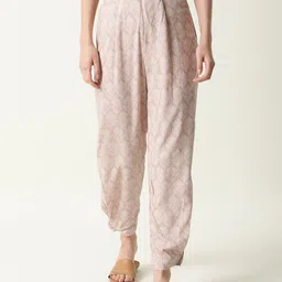 RAREISM Women Pink & White Ethnic Motifs Printed Pleated Trousers-image-12