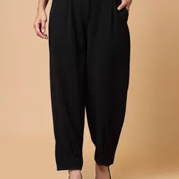 plusS WORX Women Black Solid Pleated Trousers-image-32