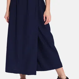 GRASS by Gitika Goyal Women Navy Blue Flared Pleated Culottes Trousers-image-77