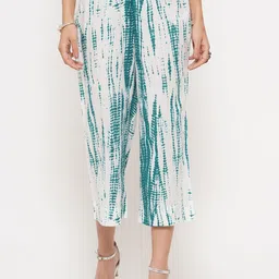 FABNEST Women Green & White Printed Relaxed Culottes Trousers-image-63