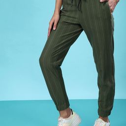 Campus Sutra Woman Green Striped Cotton Joggers-image-47