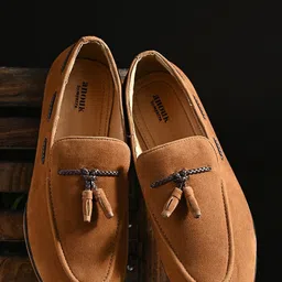 Anouk Men Tan Brown Lightweight Comfort Insole Suede Tassel Loafers-image-24