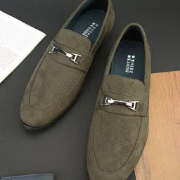 HERE&NOW Men Olive Green Textured Horsebit Formal Loafers-image-38