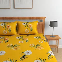 Florida Mustard & Green Floral Cotton 180 TC Fitted Double Queen Bedsheet Set image 2