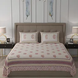 Wayne Martin Red & Beige Floral Cotton 400 TC King Bedsheet with 2 Pillow Covers-picture-45
