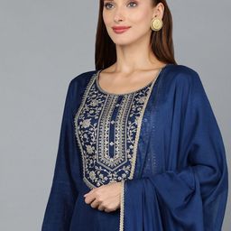 AHIKA Ethnic Motifs Yoke Design Regular Sequinned Kurta With Trousers & Dupatta image 2