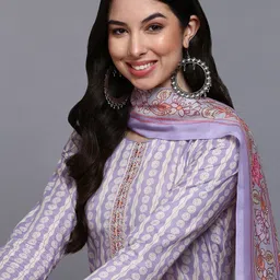 KALINI Geometric Printed Thread Work Kurta With Trousers & Dupatta image 2