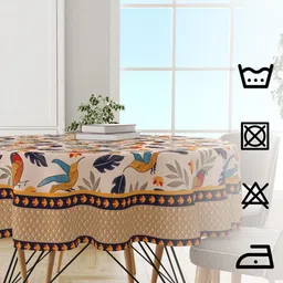 Astitva Cream Coloured & Blue Block Printed 4 Seater Round Shape Cotton Table Cover image 3