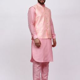 MAG Mandarin Collar Regular Dupion Silk Straight Kurta & Trousers With Nehru jacket image 3