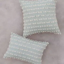 ALTROVE Green Striped Embellished Square Cotton Cushion Cover-25