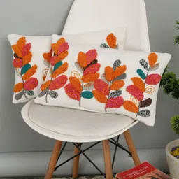 eyda White & Orange 2-Pieces Embroidered Cotton Rectangle Cushion Covers image 5