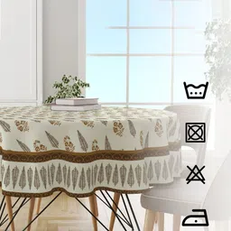 Astitva Cream Coloured & Brown Block Printed 4 Seater Round Shape Cotton Table Cover image 4