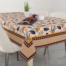 Astitva Cream & Blue Leaf and Bird Print Rectangular Cotton Dining Table Cover image 4