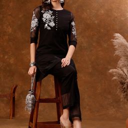 Anouk Black Floral Embroidered Tunic With Trouser-18