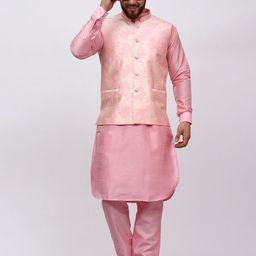 MAG Mandarin Collar Regular Dupion Silk Straight Kurta & Trousers With Nehru jacket image 5