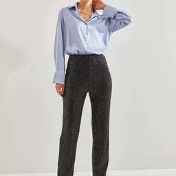 BIANCO LUCCI Women Embellished Sequinned Detail Regular Trousers image 3