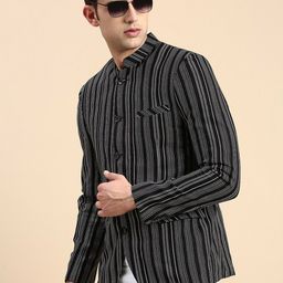 SHOWOFF Striped Slim Fit Mandarin Collar Bandhgala Blazer-picture-32