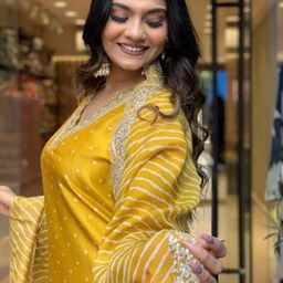 Lookmark Bandhani Printed V-Neck Sequinned Straight Kurta With Trouser And Dupatta image 2