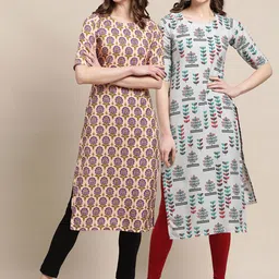 KALINI Women Beige & Off White Ethnic Motifs Printed Crepe Pack of 2 Kurtas-picture-9