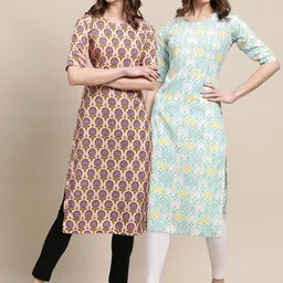 KALINI Women Pack Of 2 Beige & Blue Floral Crepe Kurta-image-50