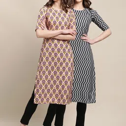 KALINI Women Pack Of 2 Beige & Grey Geometric Printed Crepe Kurta-picture-26