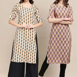 KALINI Women Pack Of 2 Off White & Beige Ethnic Motifs Printed Summer Sheers Crepe Kurta-picture-14