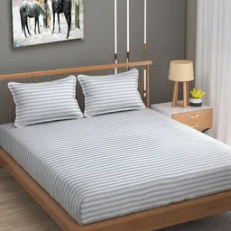 RIDHAAN Grey & Off White Striped Printed 210 TC King Bedsheet Set-image-86