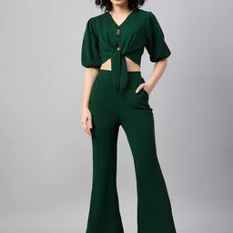 The Roadster Lifestyle Co Green V-Neck Puff Sleeves Cropped Top With Trousers-42