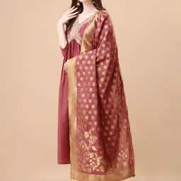 KALINI Yoke Design Thread Work Pleated Sequinned A-Line Kurta with Trousers & Dupatta image 4