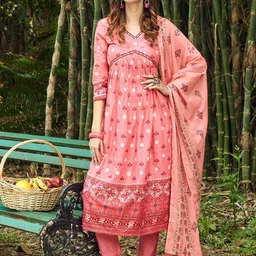 Ishin Women Pink Floral Printed Mirror Work Empire Anarkali Kurta with Trousers & Dupatta-3