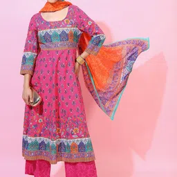 Vishudh Women Pink Floral Printed Pure Cotton Kurta with Trousers & With Dupatta-58