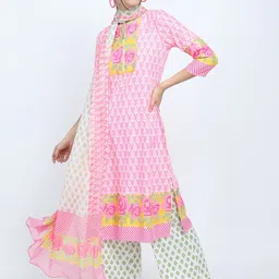 Vishudh Women Pink Floral Yoke Design Cotton Blend Kurta Palazzo With Dupatta-picture-58