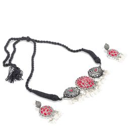 PRASUB Rhodium-Plated Stone Studded & Pearls Beaded Oxidized Jewellery Set-image-92
