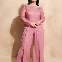 CURVE BY KASSUALLY Off-Shoulder Lace Inserts Basic Jumpsuit-image-5
