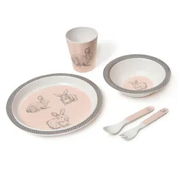 MiArcus Peach-Coloured & White 5 Pieces Printed Melamine Matte Dinner Set-36