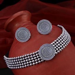 Yellow Chimes Oxidized Brass-Plated Silver-Toned Jewellery Set image 2