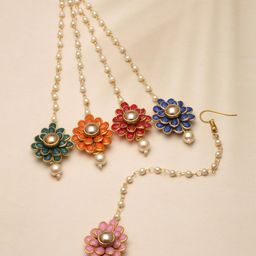 Kennice Set Of 5 Gold-Plated American Diamond-Studded And Beaded Maang Tikka image 1